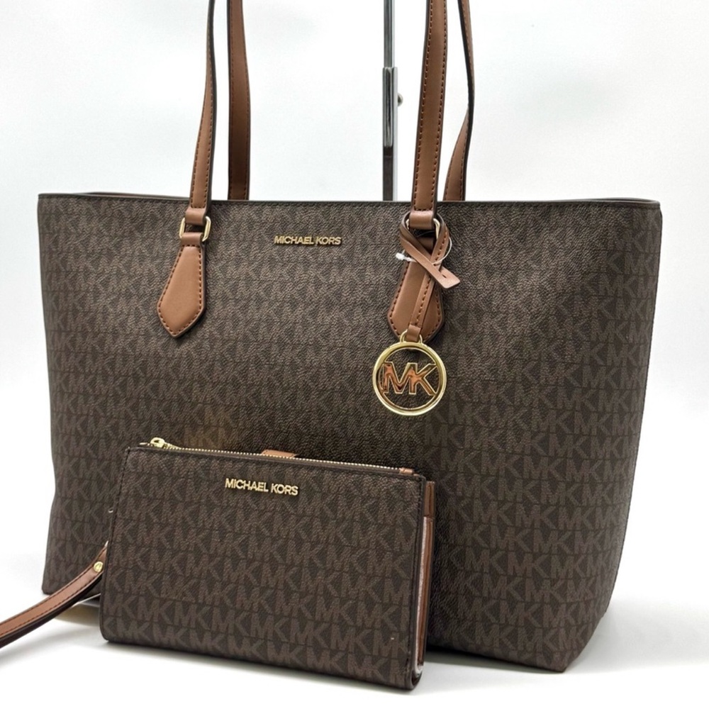 Michael Kors Sheila Large Logo Tote Bag & Matching & Double Zip Wallet Brown
